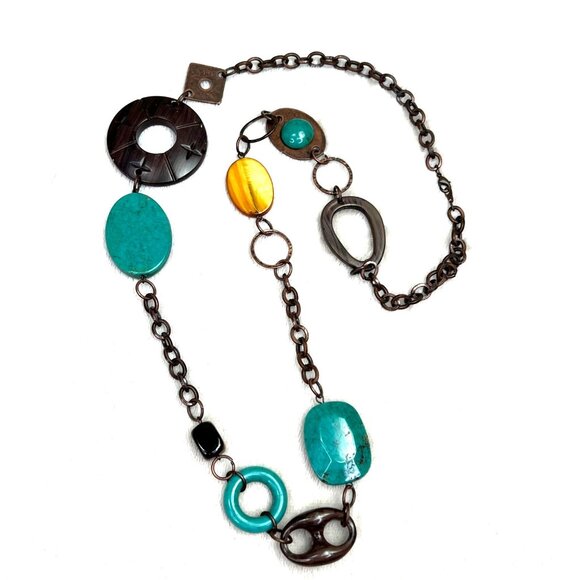 Chunky Statement Necklace Long Boho Southwestern Turquoise Color Bronze Brown - Picture 1 of 5